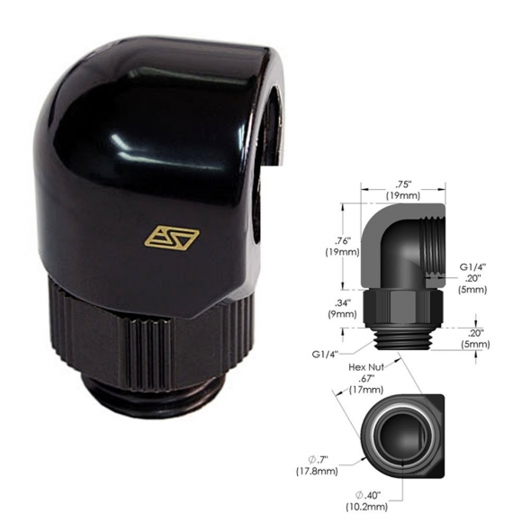Swiftech 90D-SWV-G1-4-MFA-BK 90 Degree Swivel Elbow Lok-Seal adapter